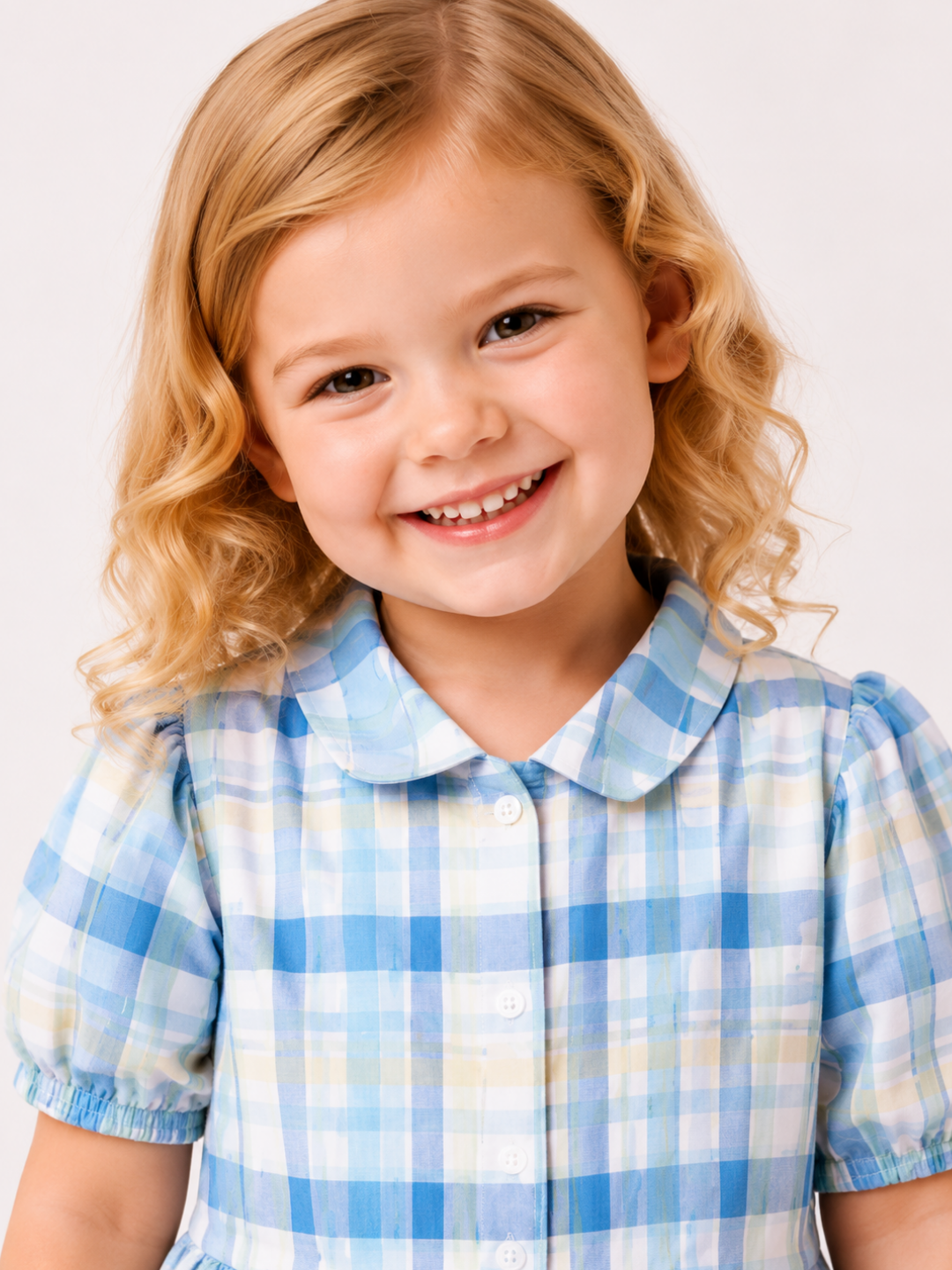 Toddler Girls Blue Plaid Cotton Dress | Peter Pan Collar Short Sleeve Casual Party Dress for Kids (1–5 Years)