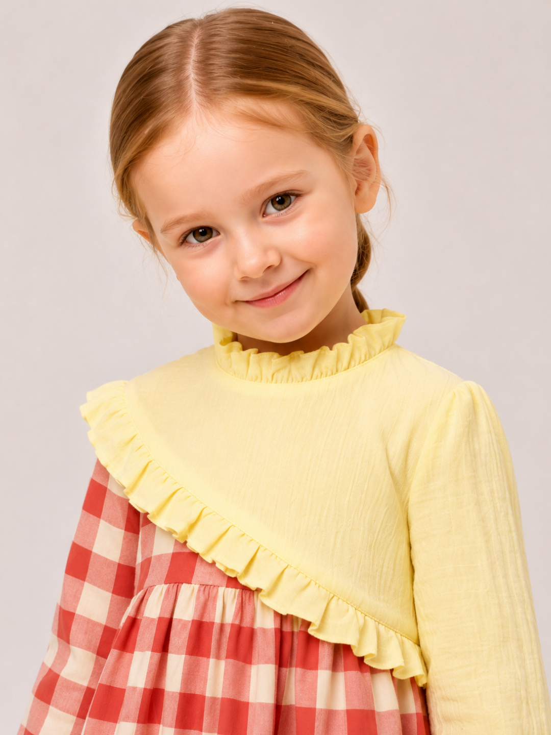 Toddler Girls Yellow & Coral Gingham Cotton Dress | Long Sleeve Ruffle Casual Party Dress for Kids (2–8 Years)
