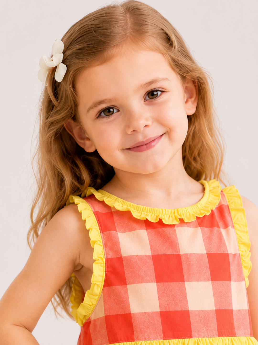 Toddler Girls Coral Gingham Co-Ord Set with Yellow Ruffle Top & Wide Leg Pants | Cotton Summer Outfit for Kids (1–6 Years)