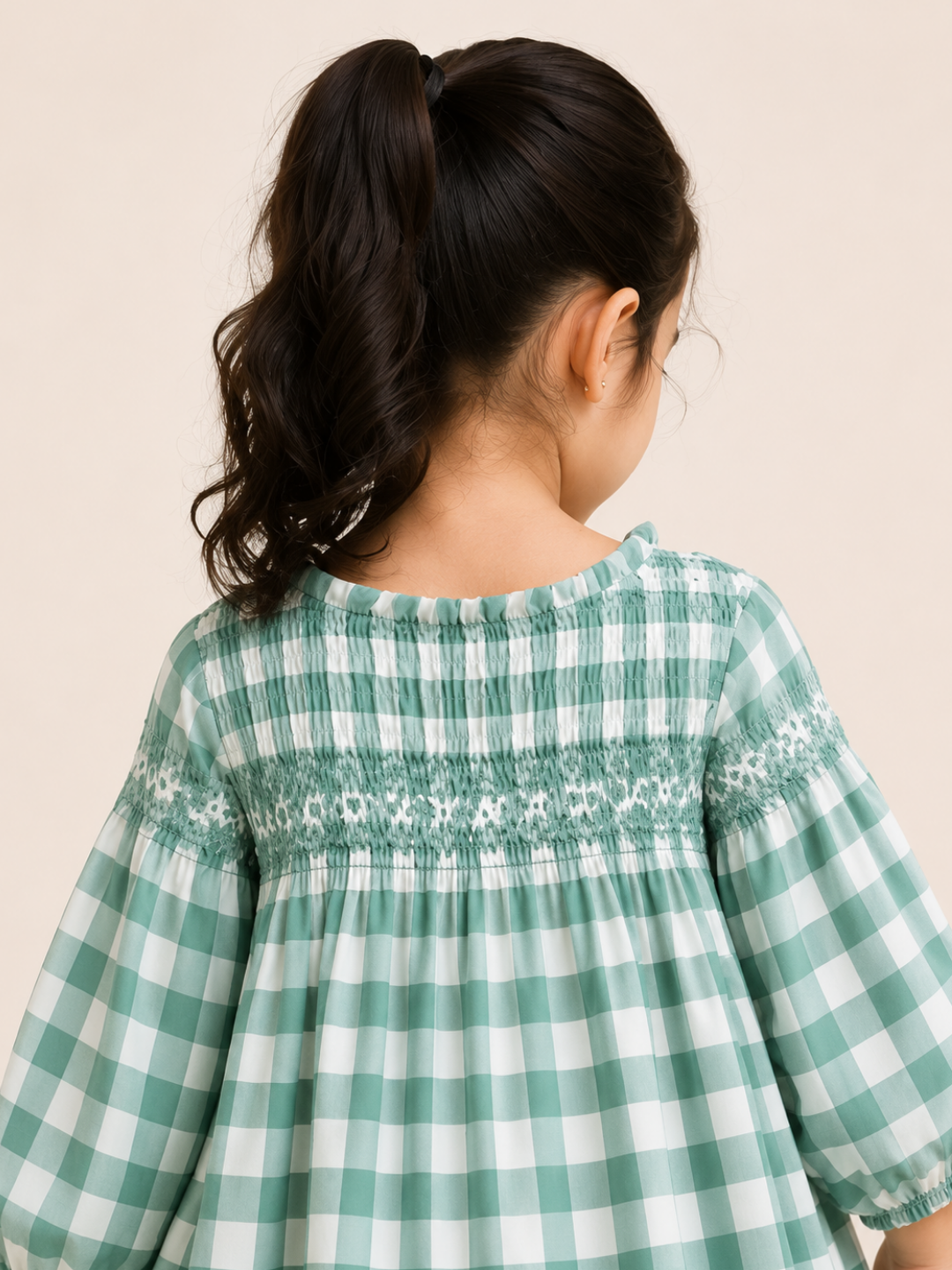 Toddler Girls Mint Green Gingham Smocked Dress with Long Sleeves | Classic Cotton Check Dress for Kids (2–8 Years)