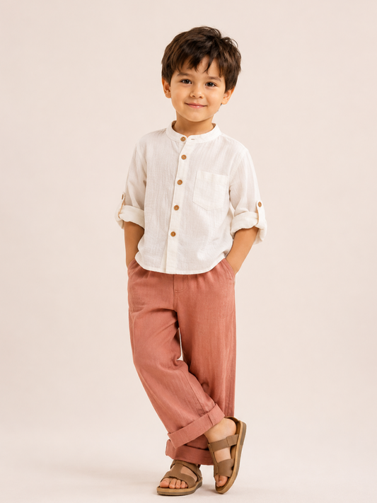 Toddler Boys White Mandarin Collar Shirt with Rust Cotton Pants | Linen Look Summer Co-Ord Set for Kids (2–12 Years)