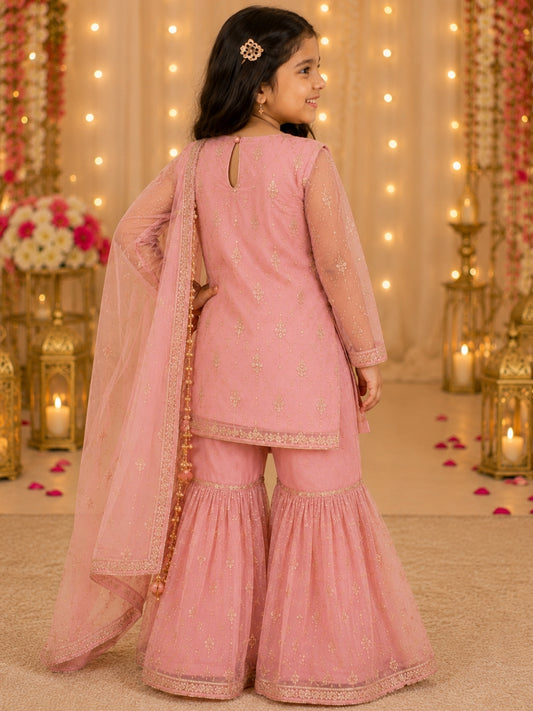Girls Pink Embroidered Kurta Sharara Set with Dupatta | Kids Ethnic Party Wear Suit | Festive Traditional Dress for Girls (1–8 Years)