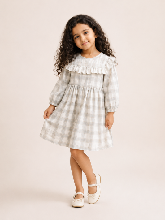 Girls Grey Plaid Ruffle Dress | Elegant Long Sleeve Cotton Party Dress for Toddlers & Kids (2–8 Years)