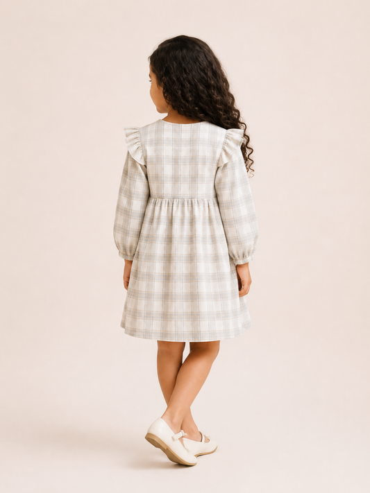 Girls Grey Plaid Ruffle Dress | Elegant Long Sleeve Cotton Party Dress for Toddlers & Kids (2–8 Years)
