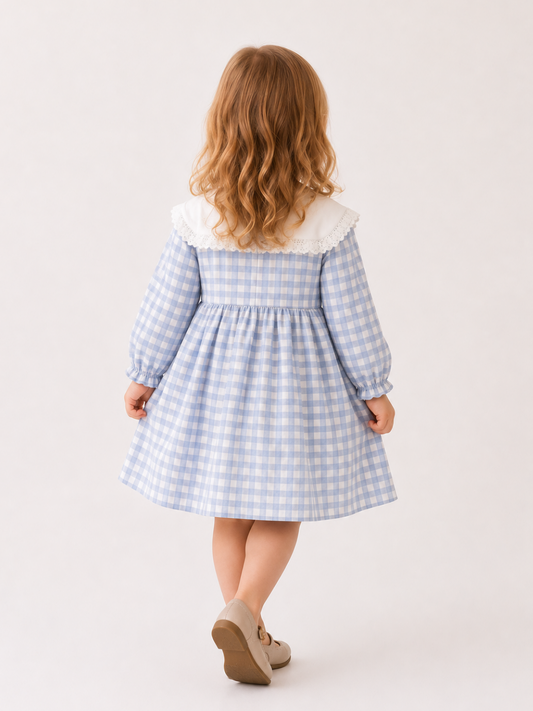 Girls Blue Gingham Dress with White Lace Yoke | Elegant Full Sleeve Cotton Party Dress for Toddlers & Kids (2–8 Years)