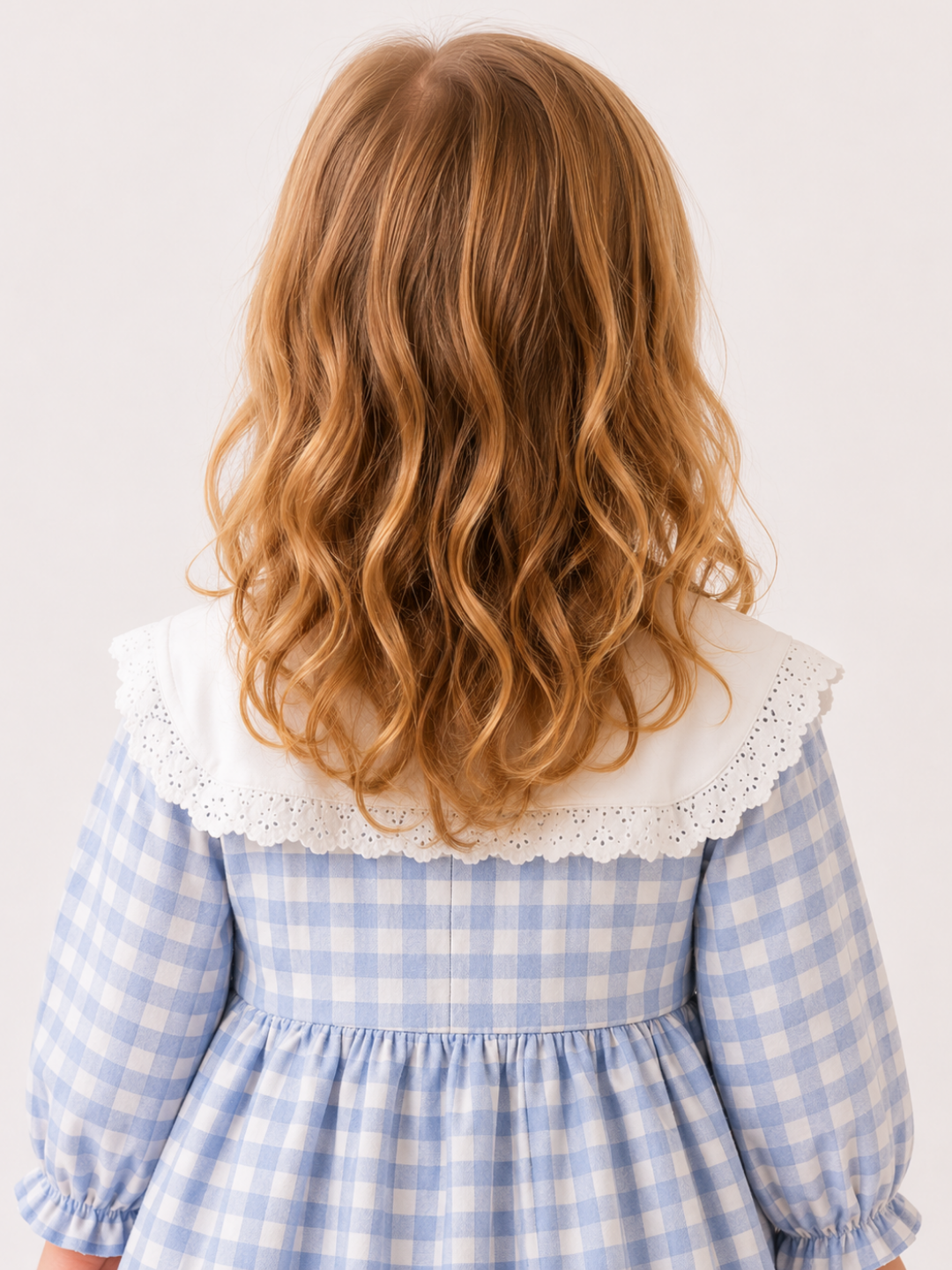 Girls Blue Gingham Dress with White Lace Yoke | Elegant Full Sleeve Cotton Party Dress for Toddlers & Kids (2–8 Years)