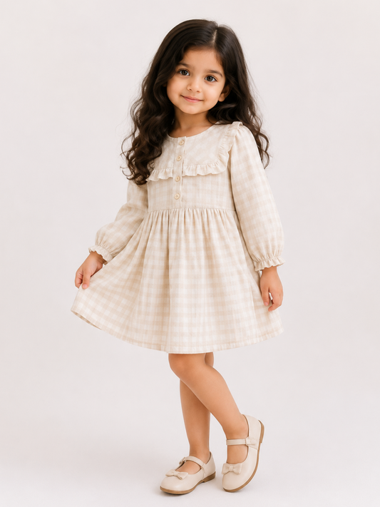 Girls Beige Gingham Ruffle Dress | Elegant Full Sleeve Cotton Check Dress for Toddlers & Kids (2–8 Years)