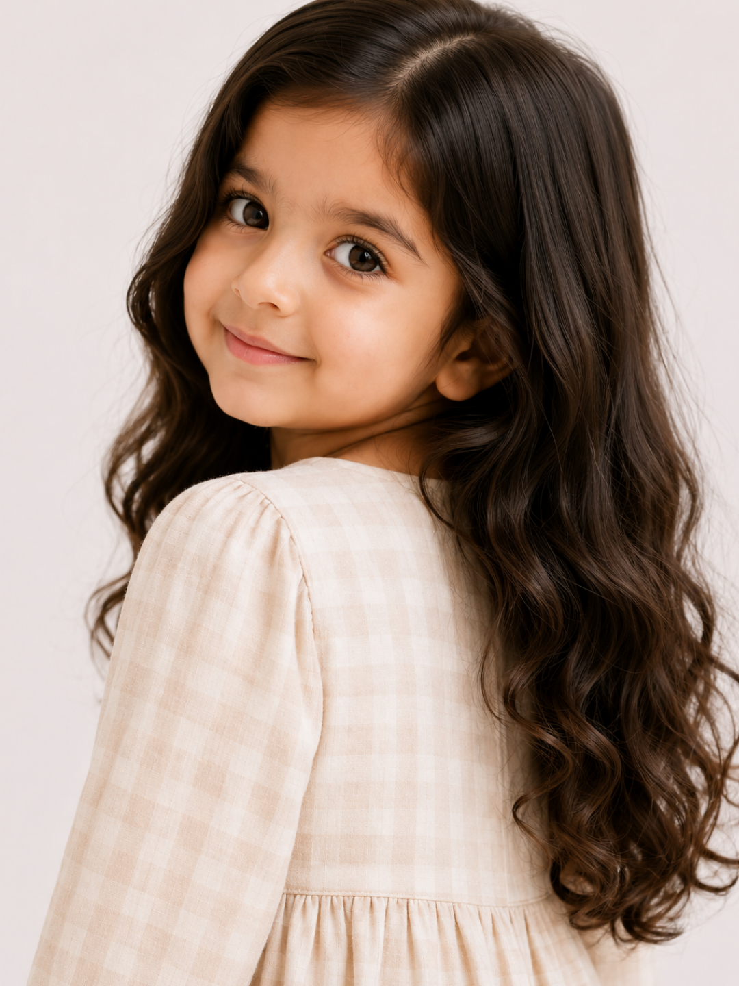 Girls Beige Gingham Ruffle Dress | Elegant Full Sleeve Cotton Check Dress for Toddlers & Kids (2–8 Years)