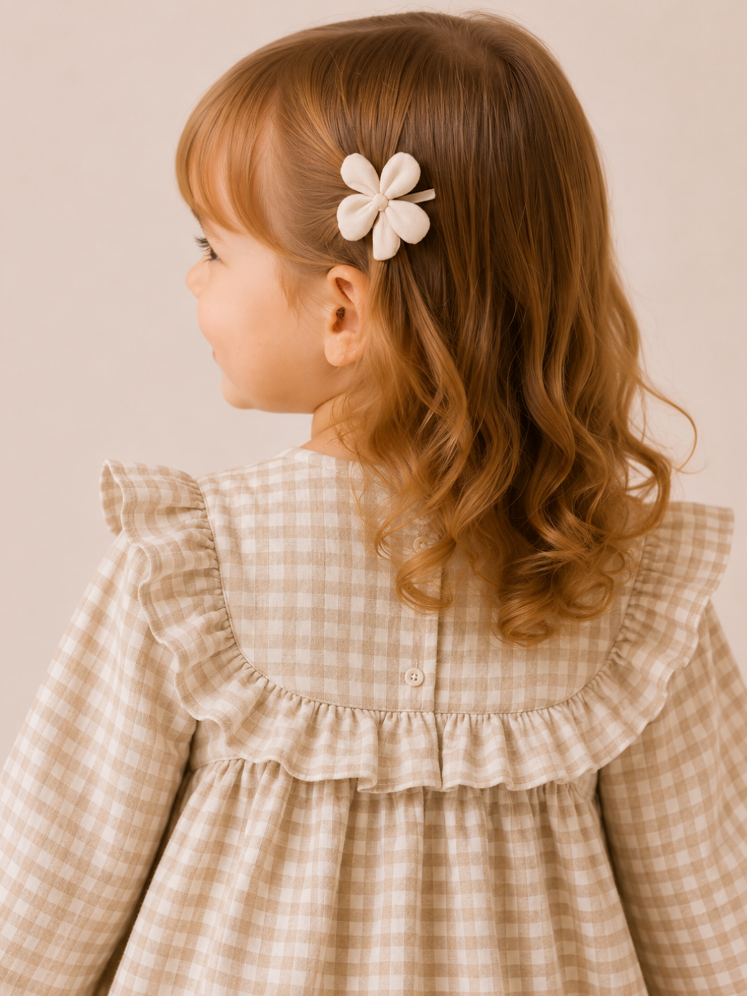 Girls Beige Gingham Ruffle Dress | Elegant Full Sleeve Cotton Frock for Toddlers & Kids (2–8 Years)