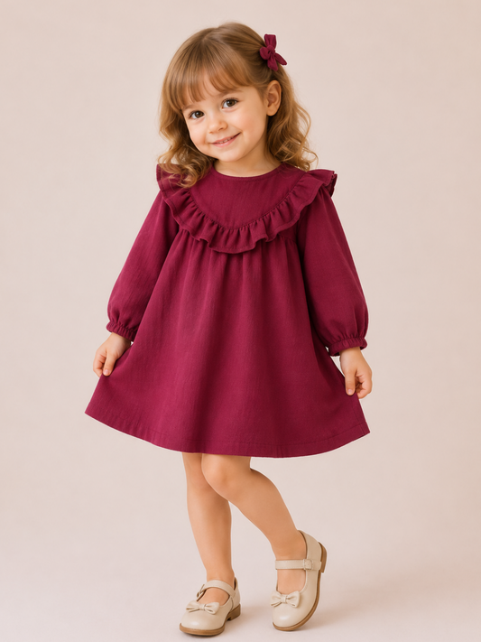 Girls Wine Red Ruffle Dress | Elegant Full Sleeve Cotton Frock for Toddlers & Kids (2–8 Years)