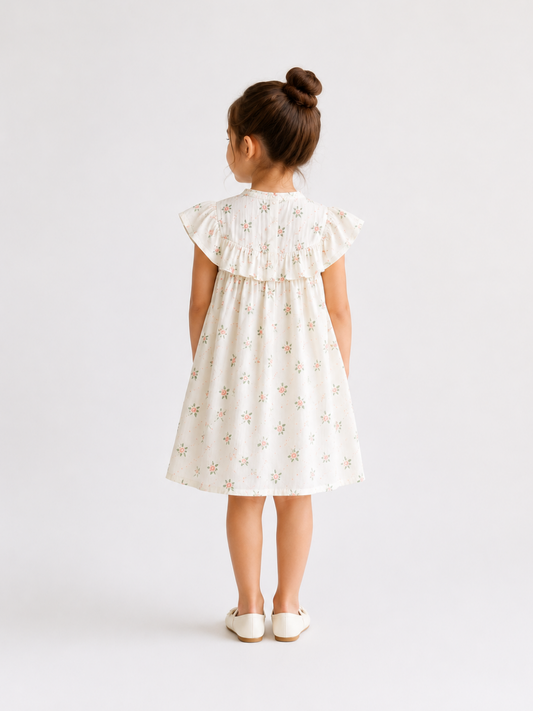 Girls White Floral Print Ruffle Dress | Soft Cotton Sleeveless Summer Frock for Toddlers & Kids (1–5 Years)