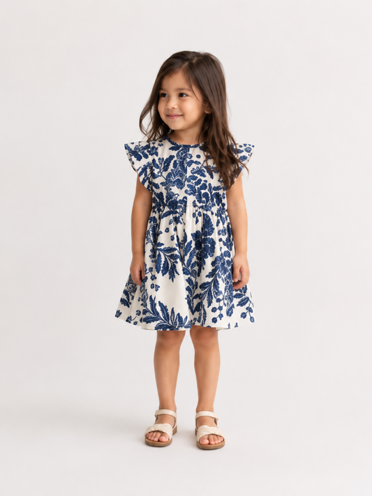 Girls Blue Floral Print Flutter Sleeve Dress | Elegant Cotton Summer Frock for Toddlers & Kids (1–5 Years)