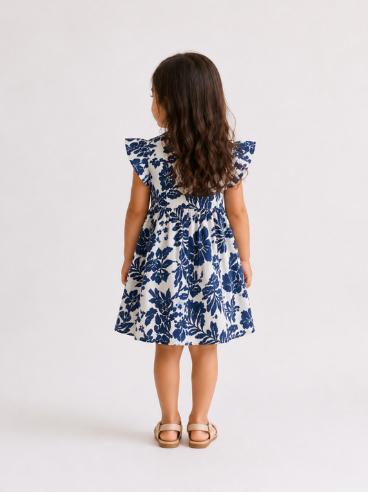 Girls Blue Floral Print Flutter Sleeve Dress | Elegant Cotton Summer Frock for Toddlers & Kids (1–5 Years)