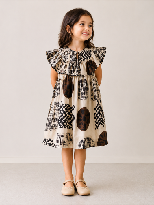 Girls Beige Abstract Print Ruffle Dress | Designer Cotton Party Frock for Toddlers & Kids (1–5 Years)