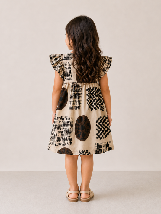 Girls Beige Abstract Print Ruffle Dress | Designer Cotton Party Frock for Toddlers & Kids (1–5 Years)