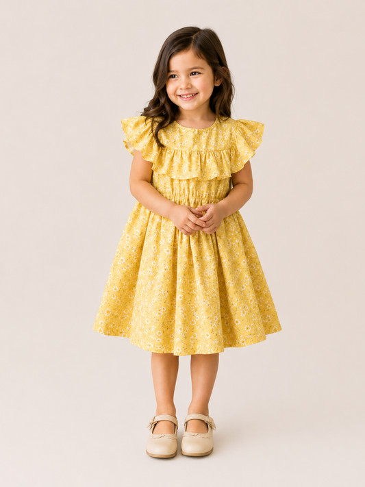 Girls Yellow Floral Print Ruffle Dress | Cotton Party Frock for Toddlers & Kids (1–5 Years)