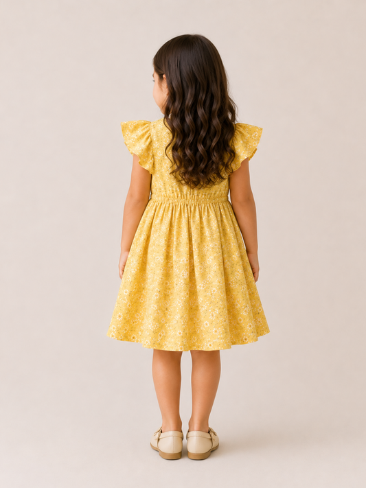 Girls Yellow Floral Print Ruffle Dress | Cotton Party Frock for Toddlers & Kids (1–5 Years)