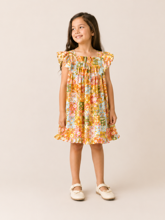 Girls Multicolor Floral Patchwork Dress | Smocked Cotton Summer Frock with Flutter Sleeves (1–5 Years)