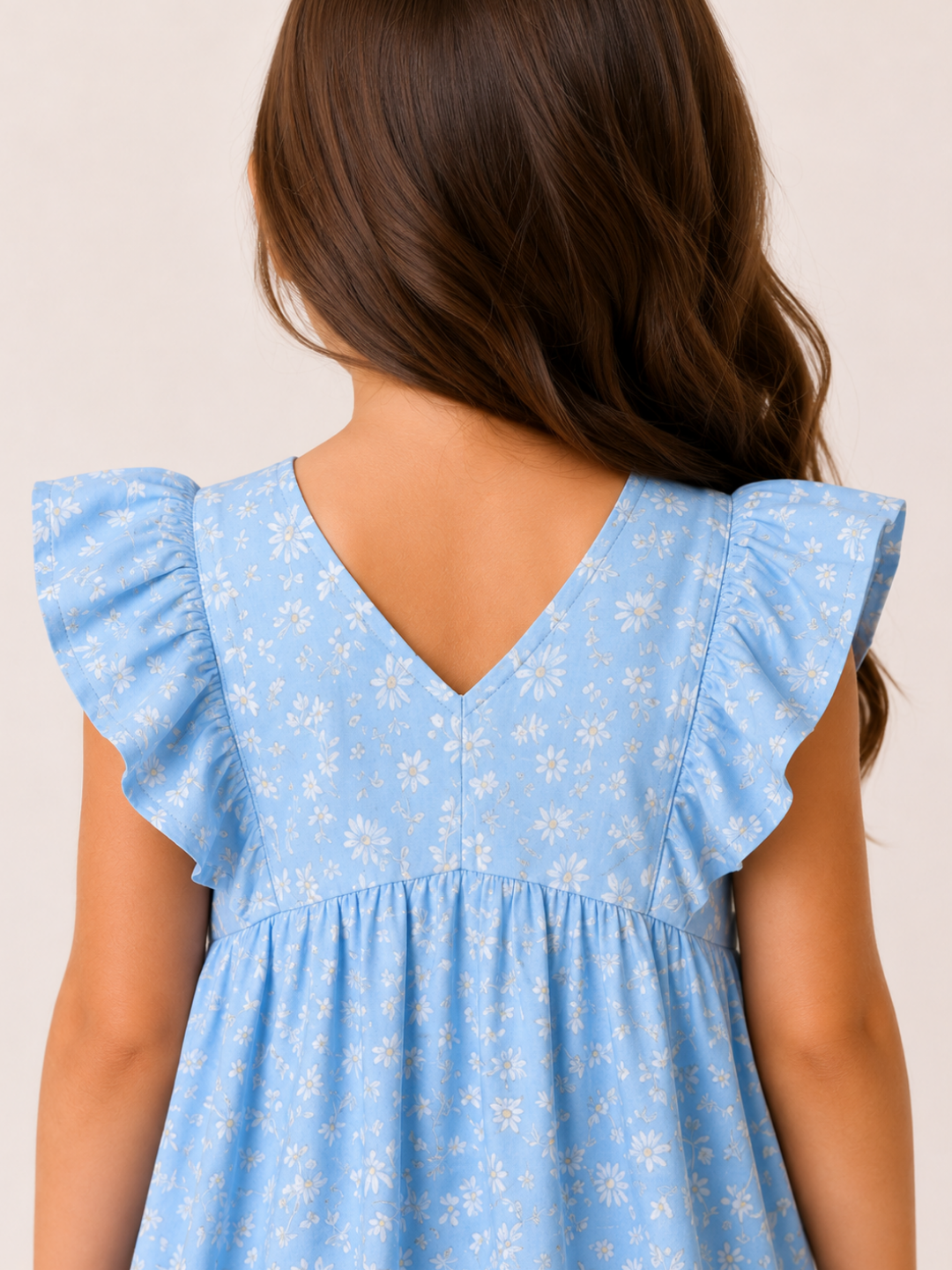Girls Sky Blue Floral Print Dress | Cotton V-Neck Ruffle Sleeve Summer Frock (1โ5 Years)