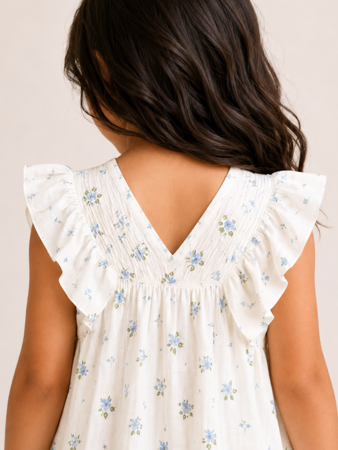 Girls White Floral Print Dress | Cotton V-Neck Ruffle Sleeve Summer Frock (1–5 Years)