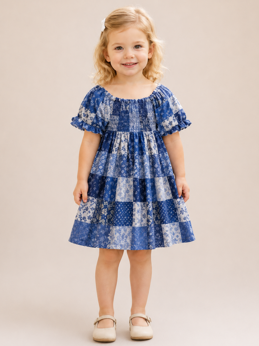 Girls Blue Patchwork Print Smocked Dress | Cotton Puff Sleeve Party Frock for Toddlers & Kids (2–8 Years)