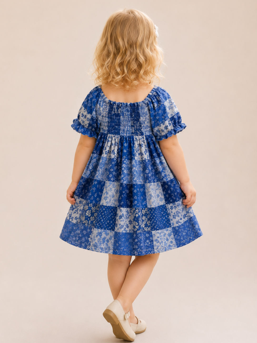 Girls Blue Patchwork Print Smocked Dress | Cotton Puff Sleeve Party Frock for Toddlers & Kids (2–8 Years)