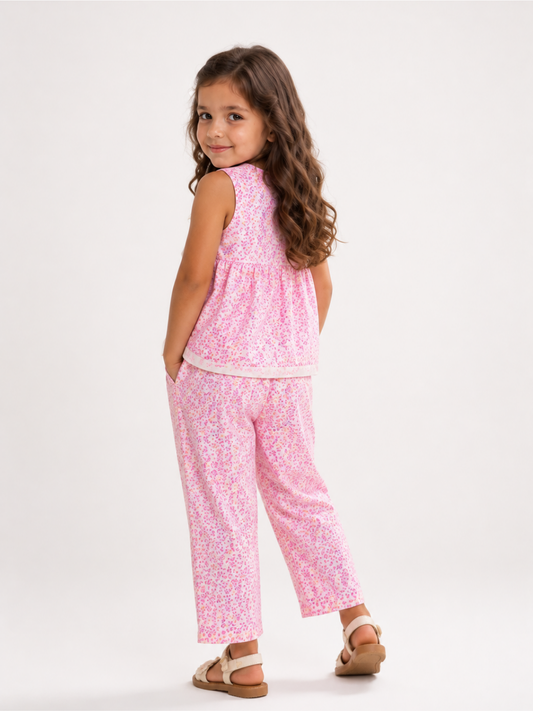 Girls Pink Floral Top & Pants Co-Ord Set | Sleeveless Cotton Bow Outfit for Toddlers & Kids (1–5 Years)