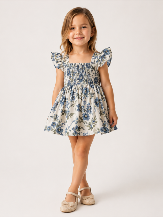 Girls Blue Floral Smocked Dress | Cotton Square Neck Flutter Sleeve Party Dress for Toddlers & Kids (1–5 Years)