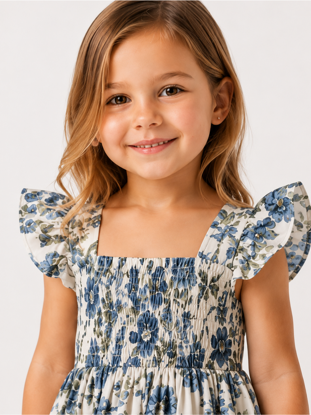 Girls Blue Floral Smocked Dress | Cotton Square Neck Flutter Sleeve Party Dress for Toddlers & Kids (1–5 Years)