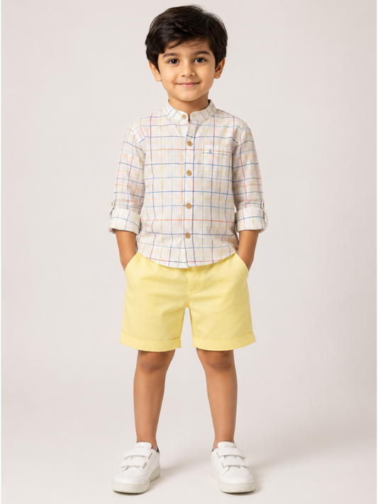 Boys Checked Cotton Shirt with Yellow Shorts Set | Premium Summer Co-Ord Outfit for Toddlers & Kids (2–8 Years)
