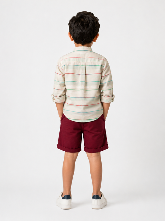 Boys Striped Cotton Shirt with Maroon Shorts Set | Stylish Summer Co-Ord Outfit for Toddlers & Kids (2–8 Years)