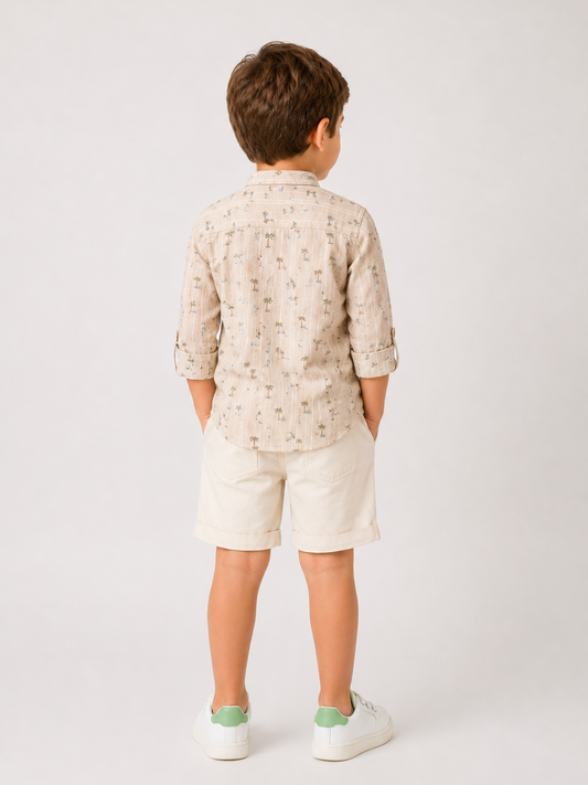 Boys Palm Print Cotton Shirt with White Shorts Set | Premium Summer Co-Ord Outfit for Toddlers & Kids (2–8 Years)