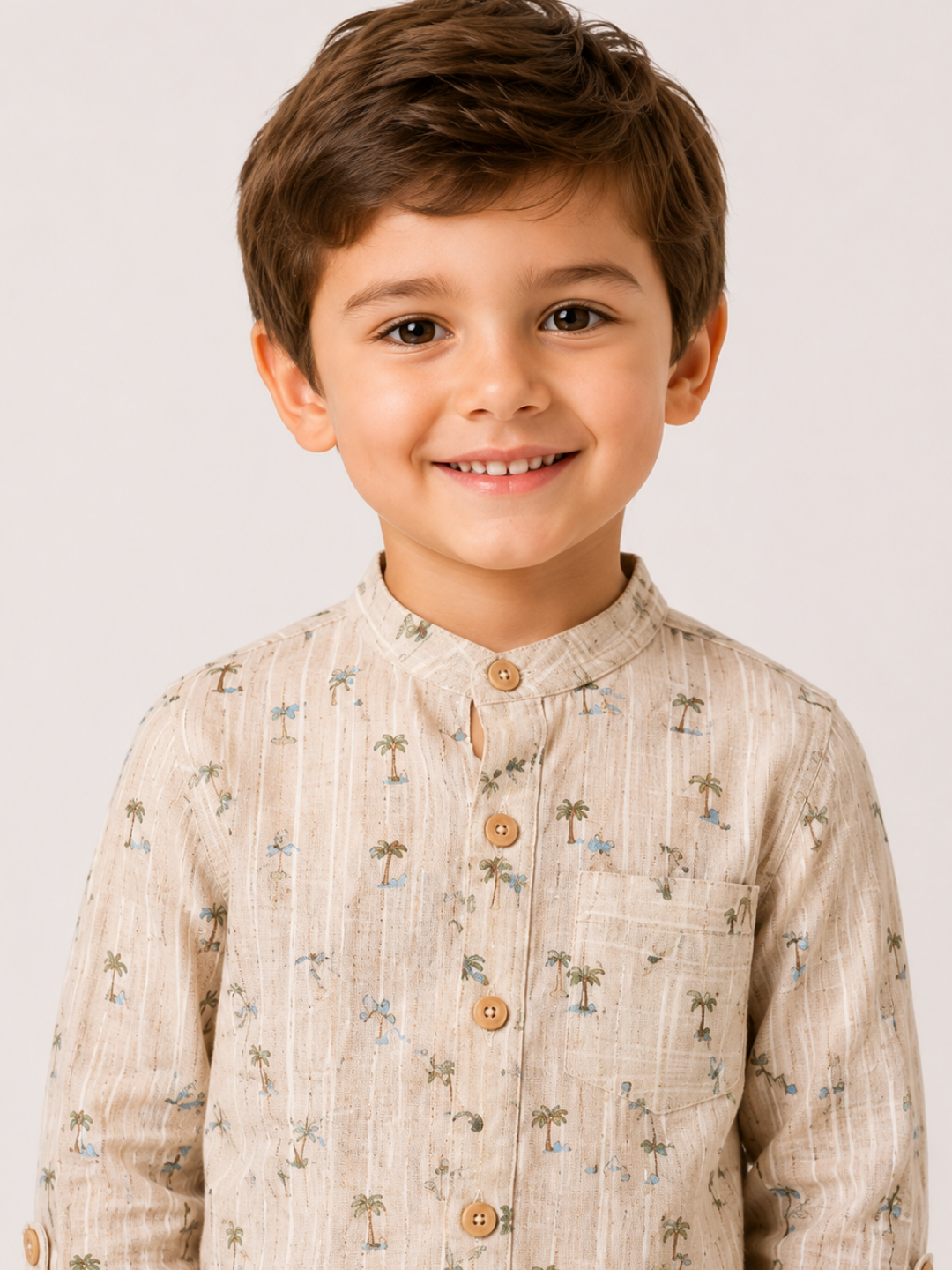 Boys Palm Print Cotton Shirt with White Shorts Set | Premium Summer Co-Ord Outfit for Toddlers & Kids (2–8 Years)