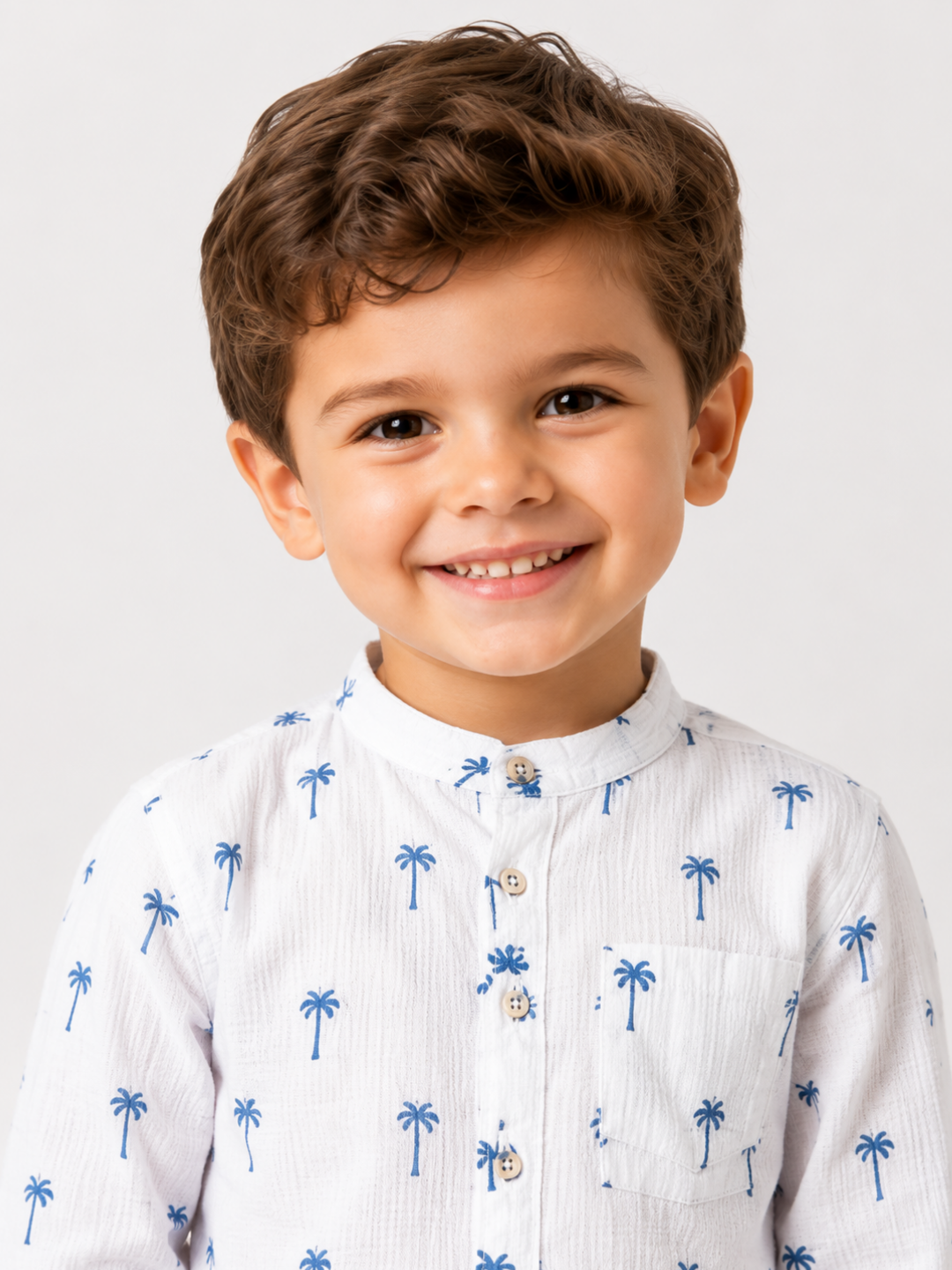 Boys Palm Tree Print Cotton Shirt with Blue Shorts Set | Premium Summer Co-Ord Outfit for Toddlers & Kids (2–8 Years)