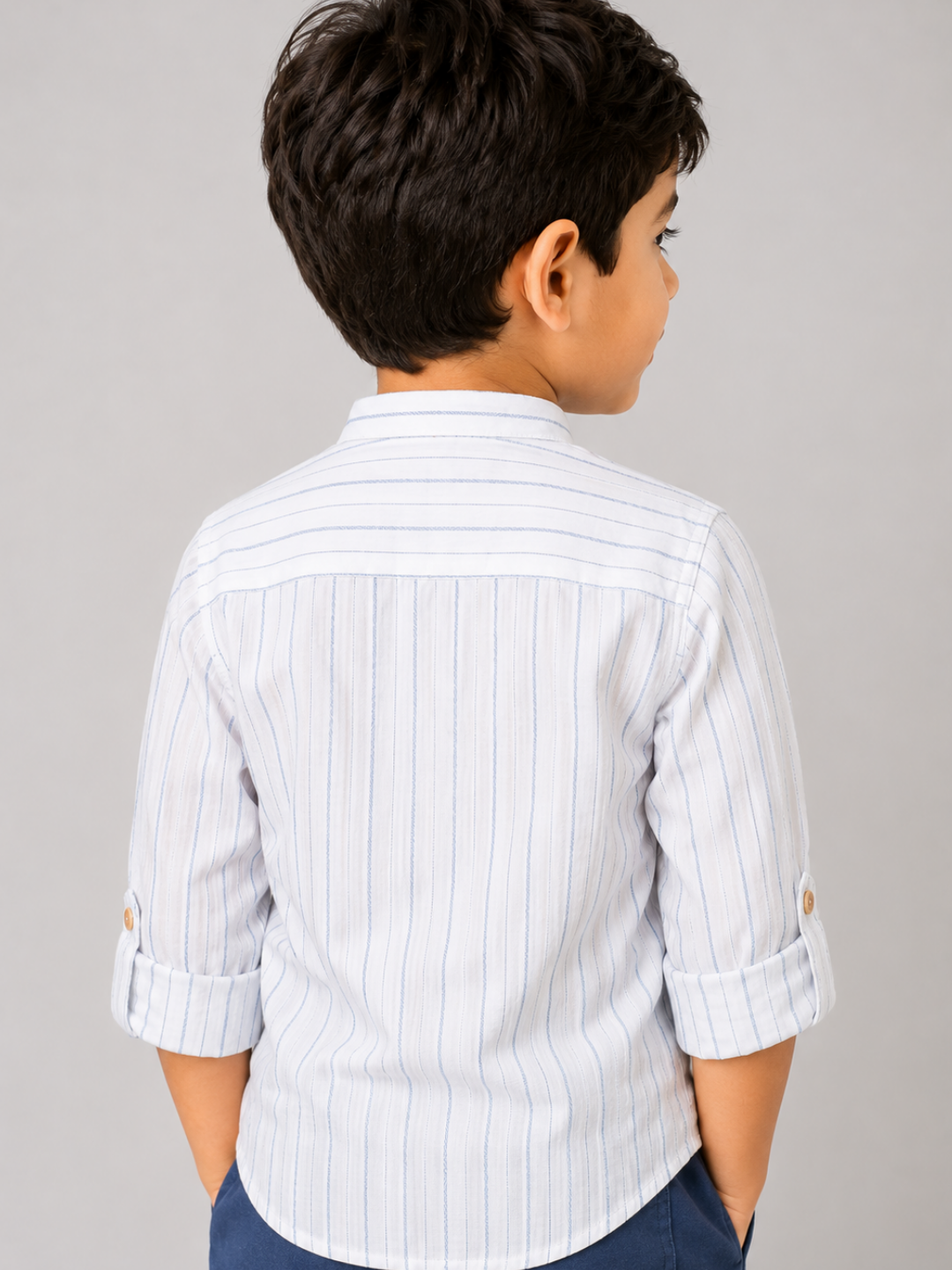 Boys White Striped Cotton Shirt with Blue Shorts Set | Premium Summer Co-Ord Outfit for Toddlers & Kids (2–8 Years)