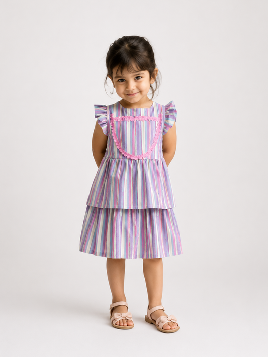 Girls Pastel Striped Layered Dress | Multicolor Cotton Party Wear Dress for Toddlers & Kids (2–8 Years)
