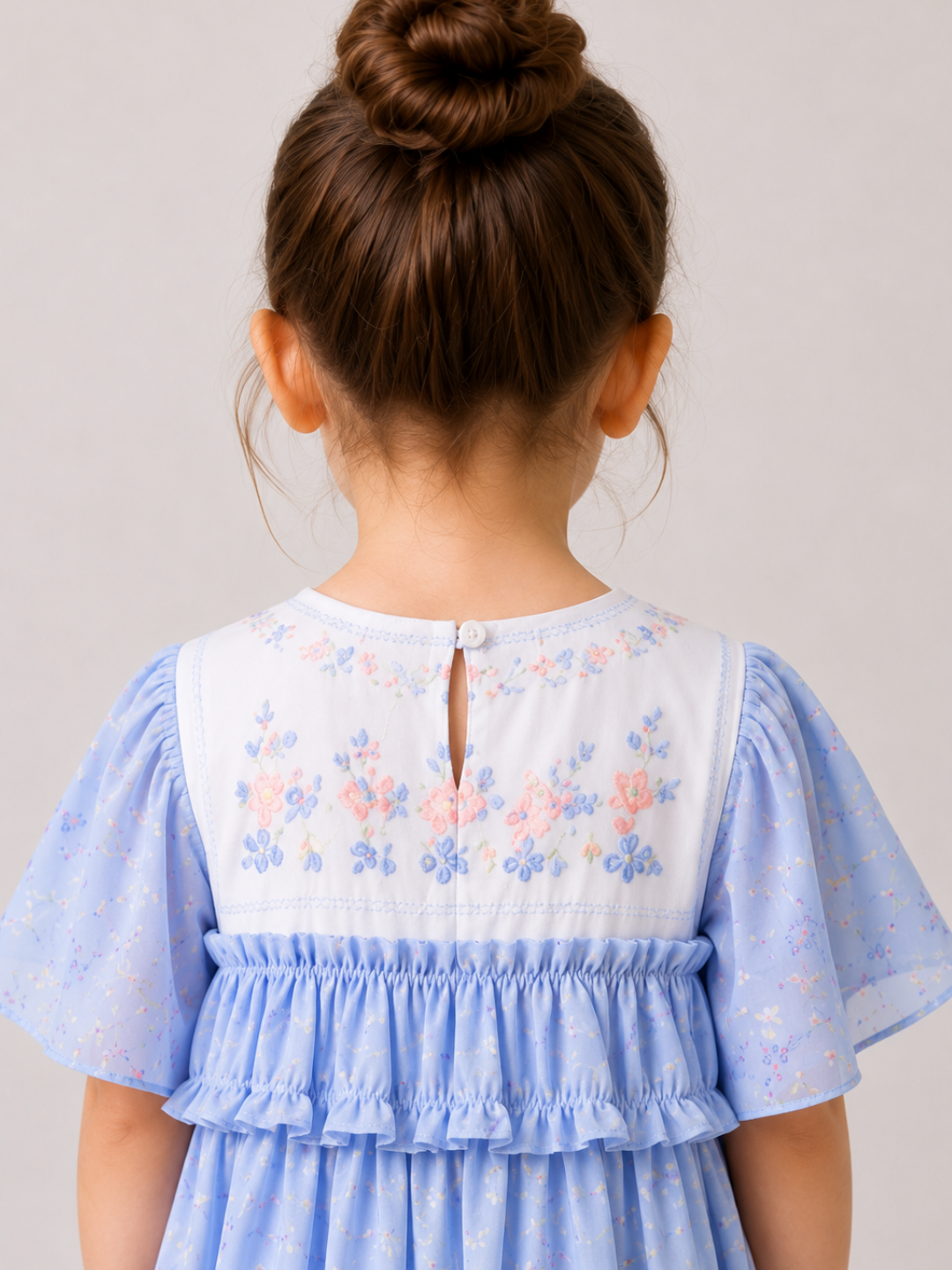 Girls Sky Blue Floral Embroidered Dress | Cotton Party Wear Dress with Ruffle Details for Toddlers & Kids (2–8 Years)