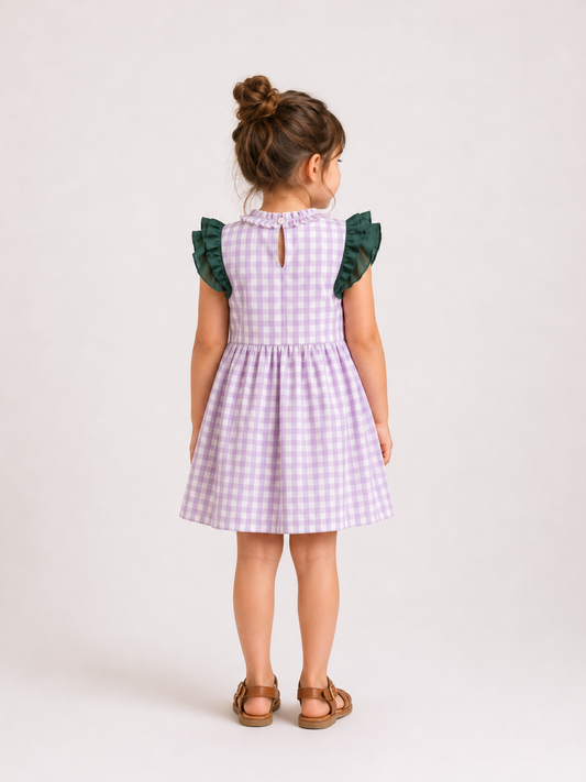 Girls Lavender Gingham Dress | Cotton Checkered Dress with Green Ruffle Details for Toddlers & Kids (1–5 Years)