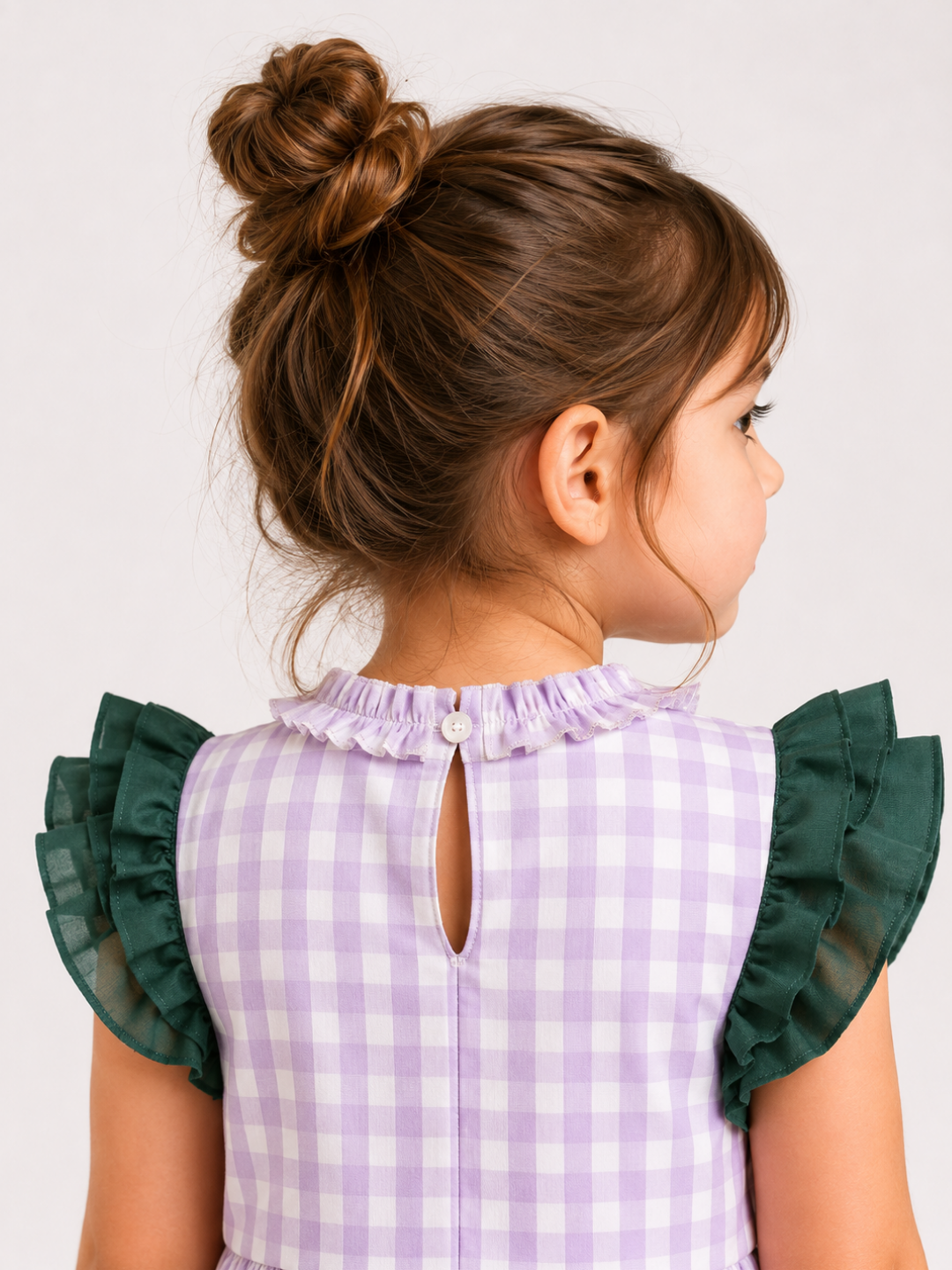 Girls Lavender Gingham Dress | Cotton Checkered Dress with Green Ruffle Details for Toddlers & Kids (1โ5 Years)