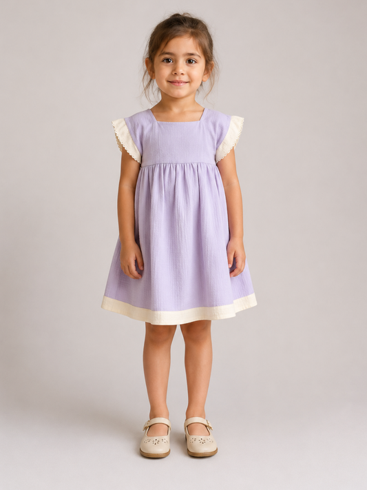 Girls Lavender Cotton Dress | Pastel Purple A-Line Dress with Contrast Flutter Sleeves for Toddlers & Kids (1–5 Years)