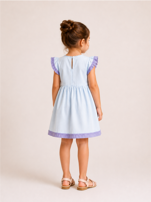 Girls Powder Blue Smocked Dress | Floral Embroidered Cotton Dress with Lavender Ruffle Sleeves for Toddlers & Kids (1–5 Years)