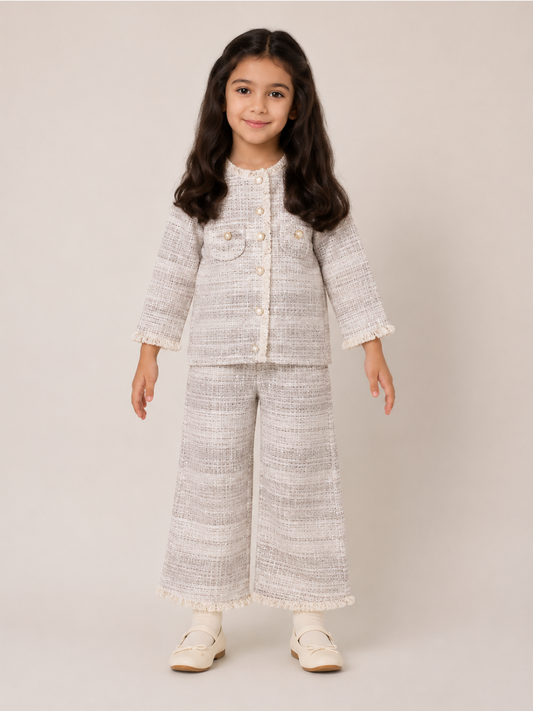 Girls Ivory Tweed Jacket and Wide-Leg Pants Co-Ord Set | Premium Party Wear Outfit for Kids (2–10 Years)