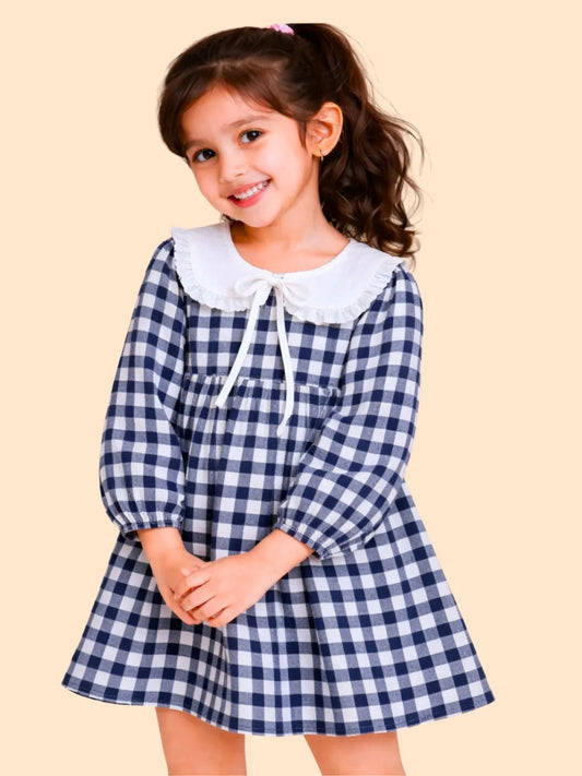 Girls Navy Blue Checkered Dress with Frill Collar | Cute Casual Dress for Kids (2-6 Years)