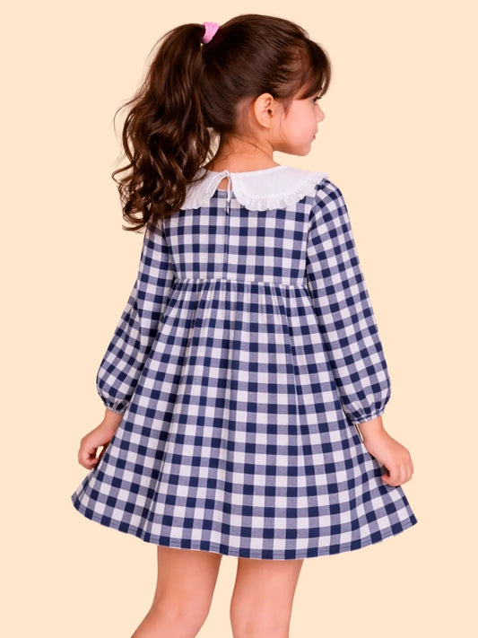 Girls Navy Blue Checkered Dress with Frill Collar | Cute Casual Dress for Kids (2-6 Years)