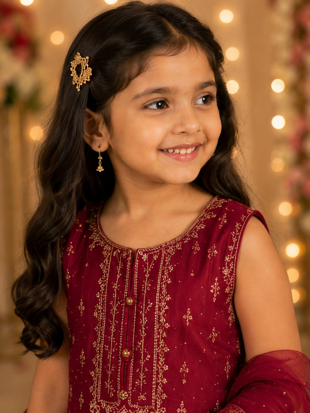 Girls Maroon Embroidered Kurta Sharara Set with Dupatta | Kids Ethnic Party Wear | Festive Traditional Outfit (1–8 Years)