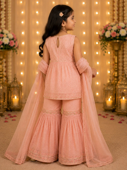 Girls Peach Embroidered Sharara Set | Dupatta