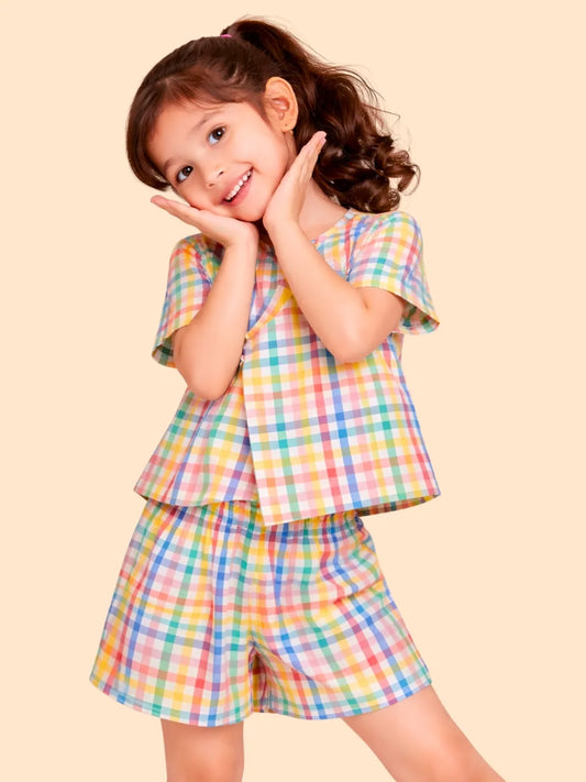 Girls Multicolor Checkered Co-ord Set | Top & Shorts Outfit for Kids (2-6 Years)
