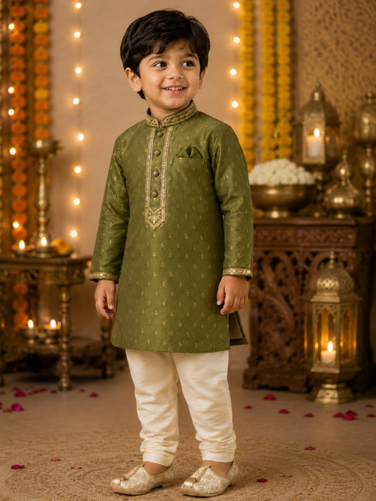 Boys Olive Green Embroidered Kurta Pajama Set | Premium Ethnic Wear for Kids | Festive, Wedding & Party Outfit (1–8 Years)
