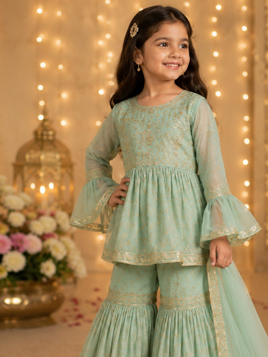 Girls Mint Green Embroidered Sharara Set | Dupatta