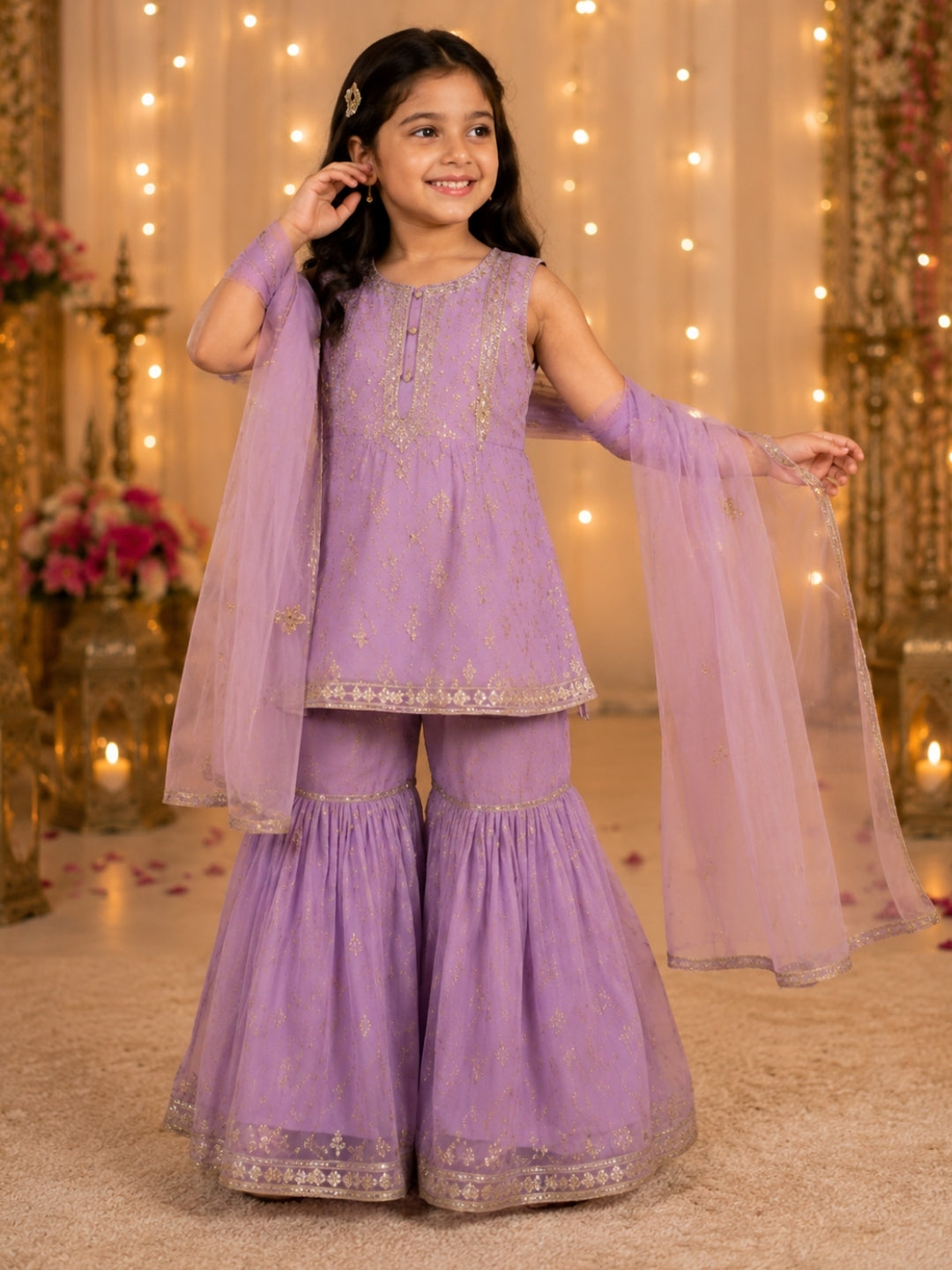 Girls Lavender Embroidered Sharara Set with Dupatta | Kids Party Wear Ethnic Suit | Traditional Festive Wedding Outfit (1–8 Years)